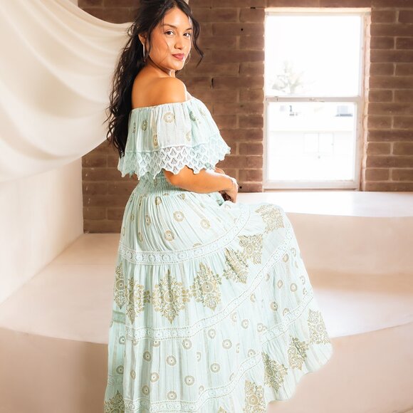 Advance Apparels Dresses & Skirts - Boho Mint Green Maxi Dress Off Shoulder Ruffle Lace Print Smocked Waist‎ Size S
